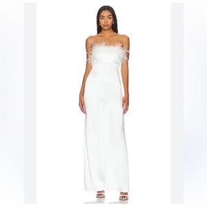 Revolve x Lovers and Friends Moira Jumpsuit White satin feathers bridal